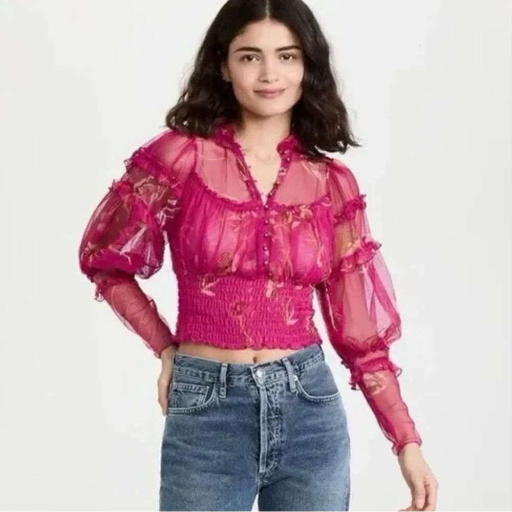 Free People Time To Shine Mesh Top Fuchsia XS NWT Sheer Smocked Fits size 0-4